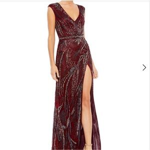 MAC DUGGAL NWT FULLY BEADED BURGUNDY THIGH HIGH SEXY DRESS